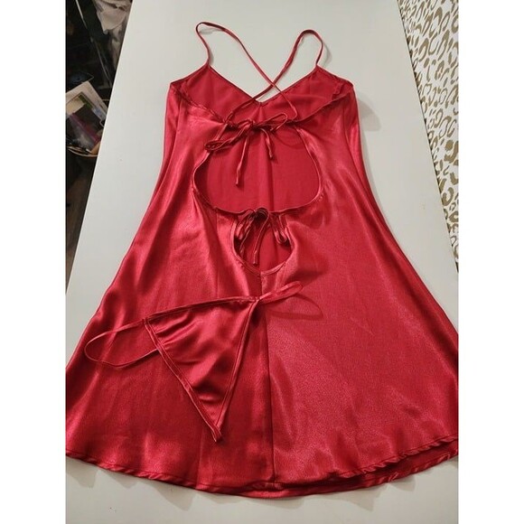 Red Satin Slip Nightie and thong - Picture 3 of 5